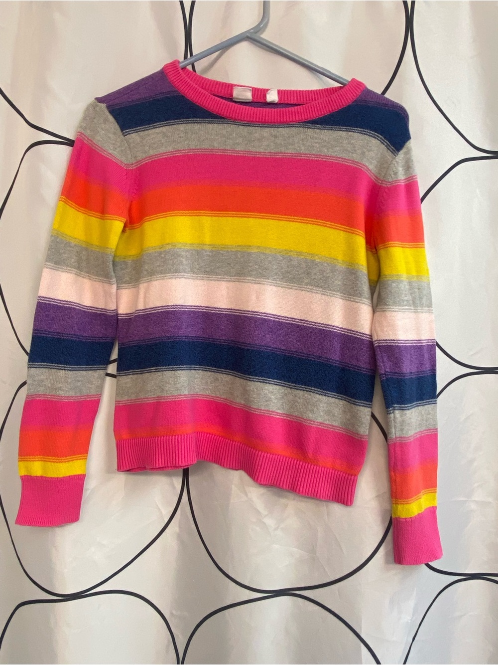 GAP Kids XL Multicolor Striped Crewneck Sweater - Bright Pink, Yellow & Navy